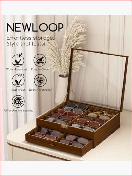 20-Slot Wooden Eyeglass Organizer Storage Case with Glass Lid main image 7